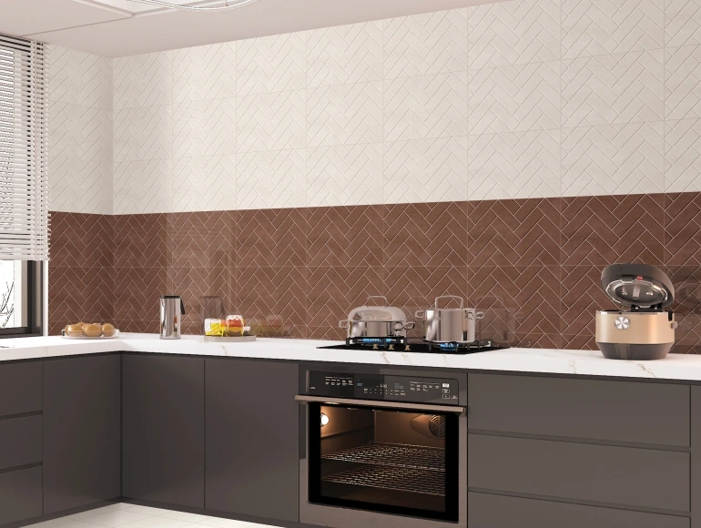 Sophisticated kitchen backsplash design with brown and white herringbone pattern.